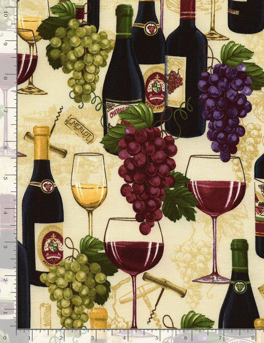 A repeating pattern of wine bottles, wine glasses, green and purple grapes, corkscrews, and labels on a light beige background, shown with a ruler along the left edge for scale.