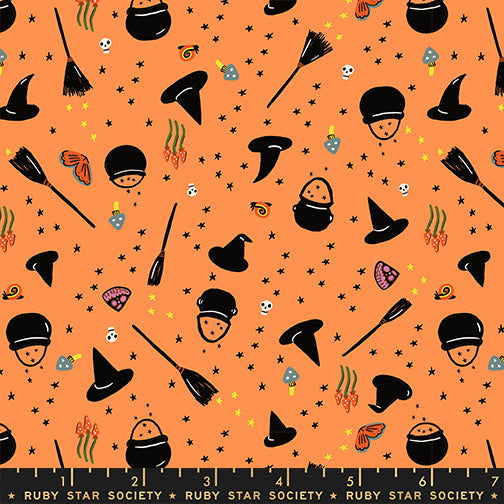 Freaky Familiars- Cauldron and Brooms Pumpkin 100% Cotton